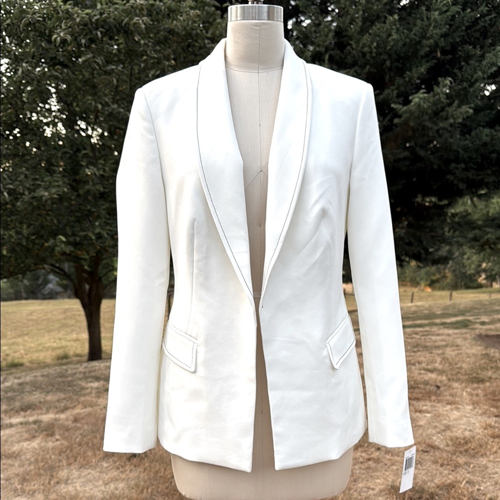 TAHARI Elegant White Blazer Black Contrast Stitching Fully Lined Sz 8
